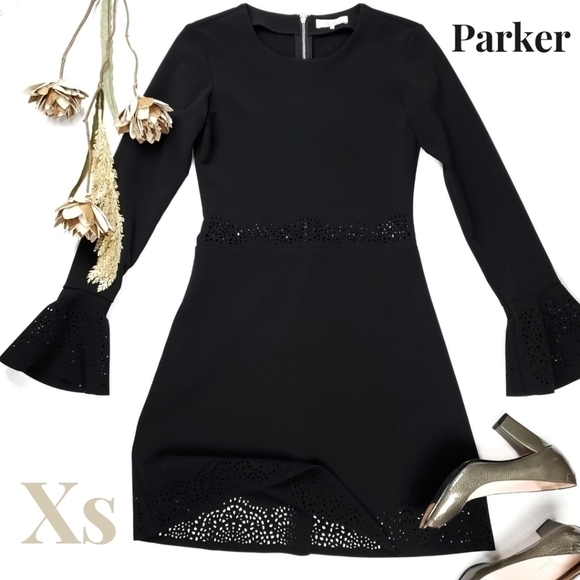 New Parker Black Embroidered Eyelet Bell Sleeve Dress Size Xs - Picture 1 of 14